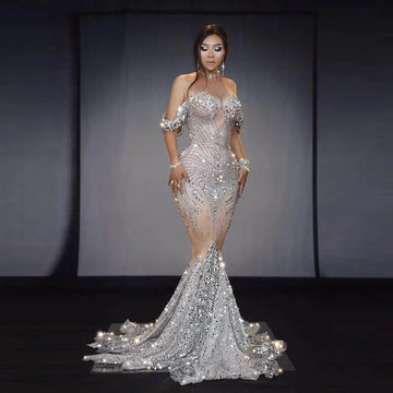 MQTIME  -  Shiny Stones Maternity Photo Dress Prom Dresses Long Off Shoulder Mermaid Sweetheart Evening Gowns for Women Formal